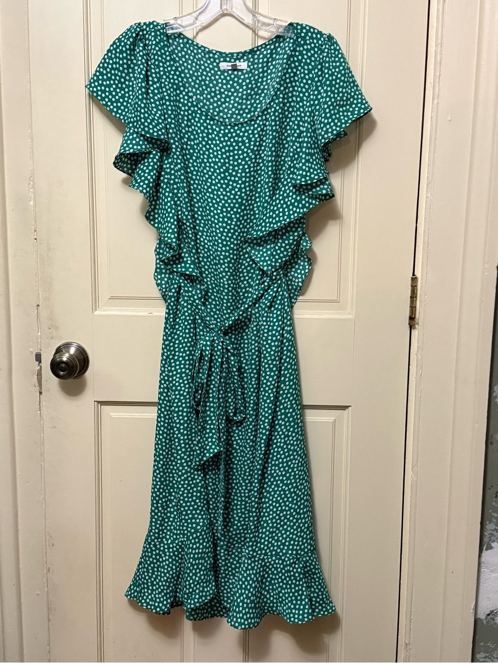 EUC green white polka dot dress ruffle Max Studio size XL* belted polyester